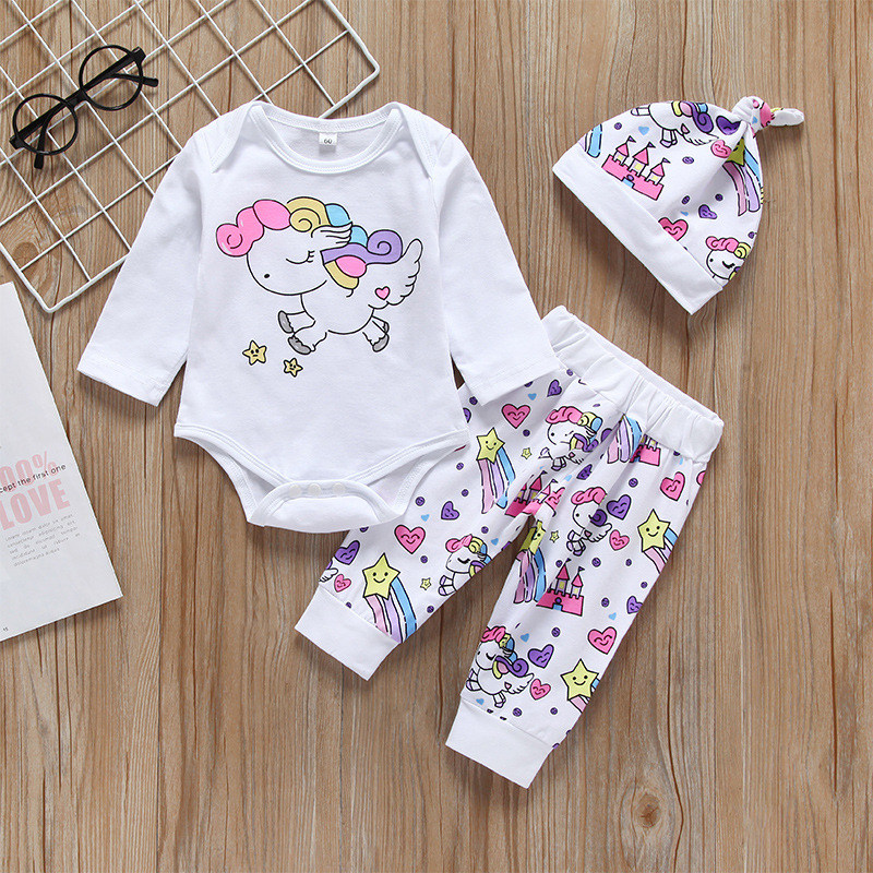 

3-piece Baby / Toddler Unicorn Print Bodysuit, Cartoon Print Pants and Hat