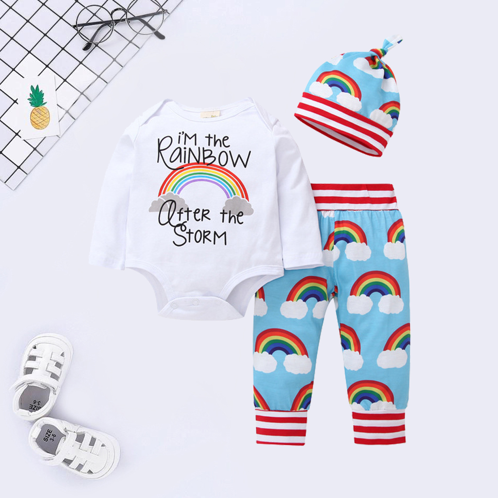 

3-piece Baby / Toddler Colorful Rainbow Letter Print Bodysuit, Striped Print Pants and Hat
