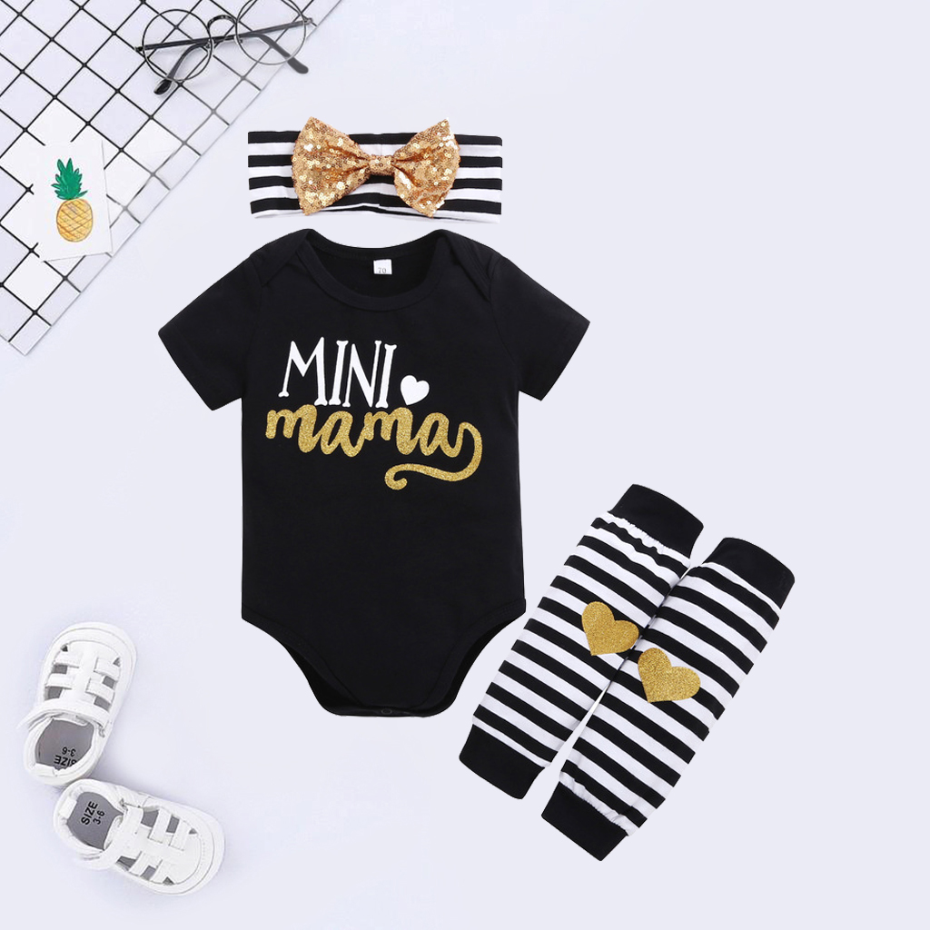 

3-piece Baby / Toddler MINI MAMA Print Top, Heart Striped Socks and Bowknot Headband