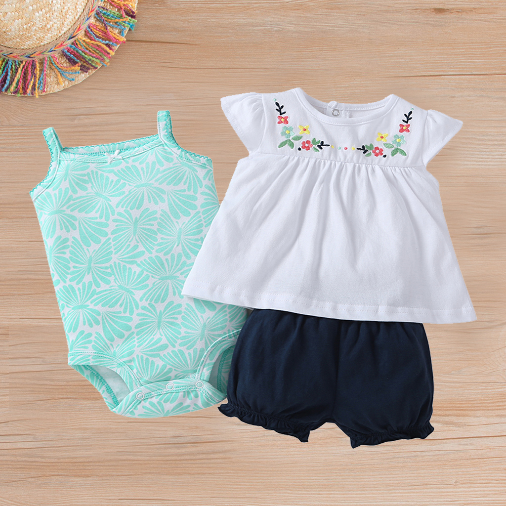 

3-piece Baby / Toddler Butterfly Print Bodysuit, Embroidered Floral Tee and Plaid Shorts