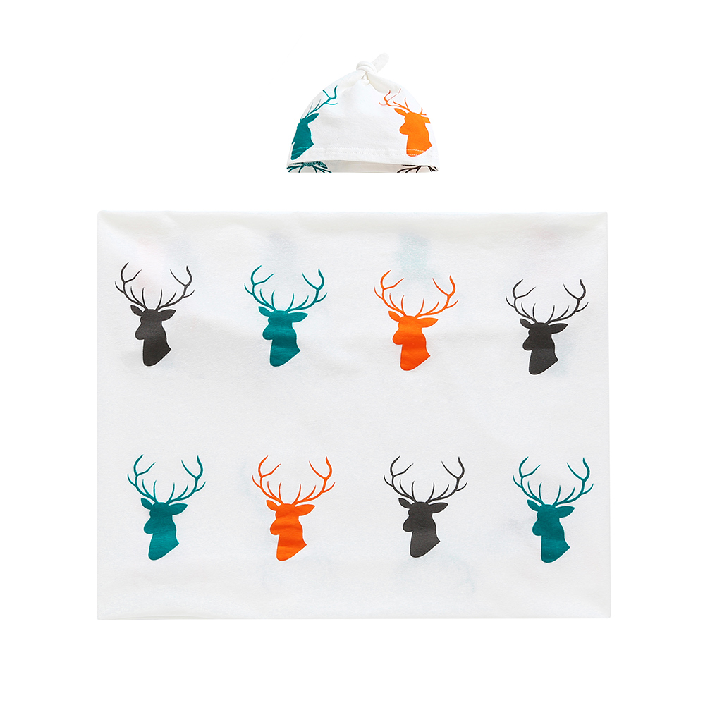 

Reindeer Print Cotton Blanket and Hat