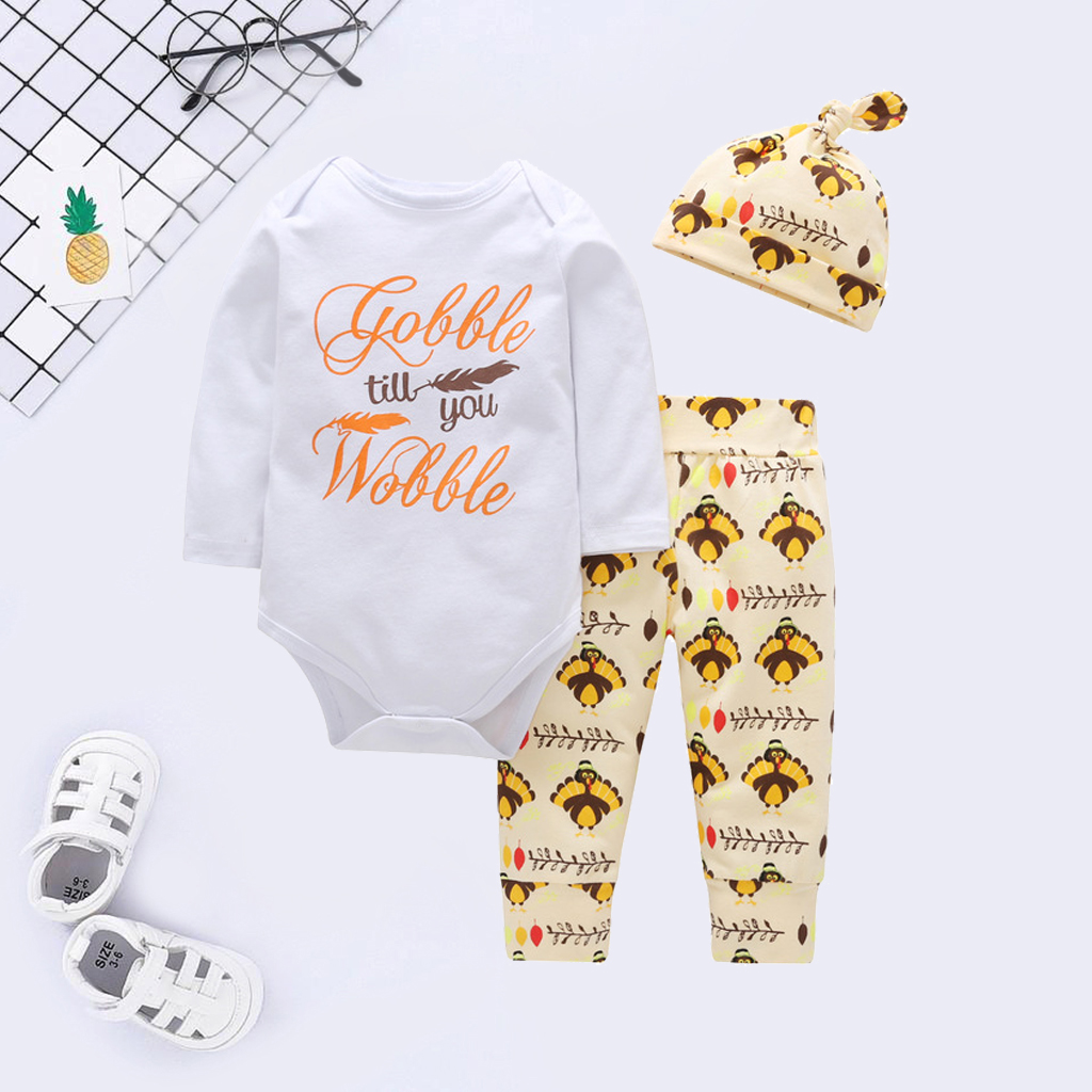 

3-piece Baby Letter Print Bodysuit and Lovely Peacock Pants with Hat Set