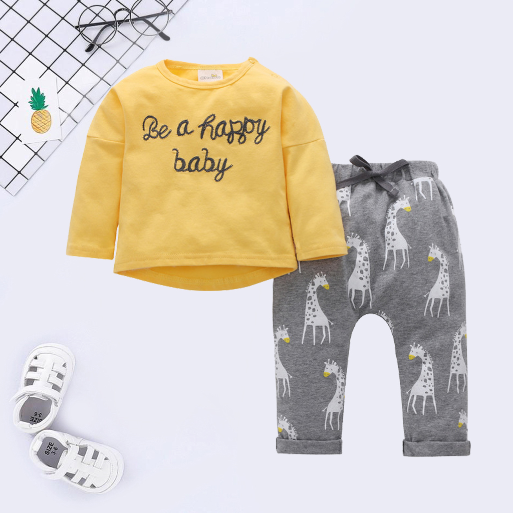 

Baby Boy BE A HAPPY BABY Print Long-sleeve Tee and Giraffe Pants Set