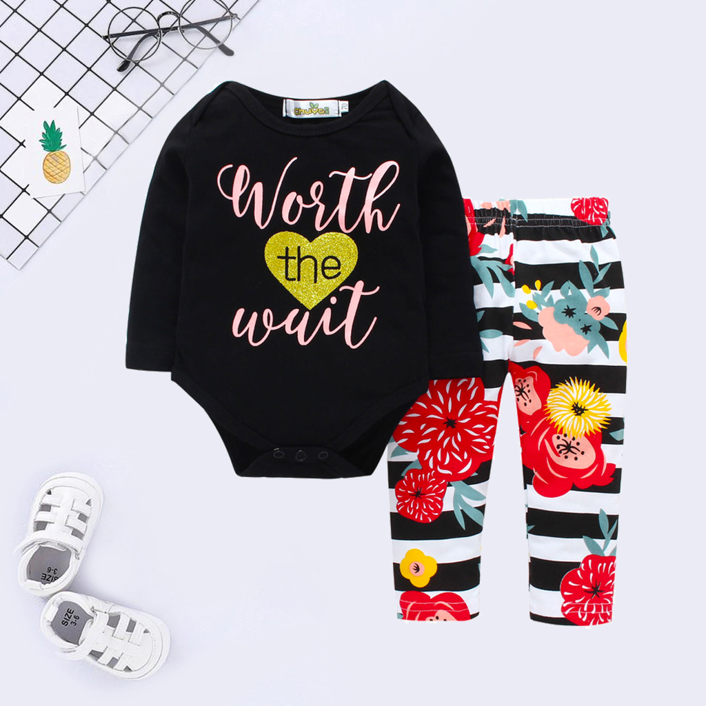 

Baby Girl Letter Print Heart Bodysuit and Floral Striped Pants Set