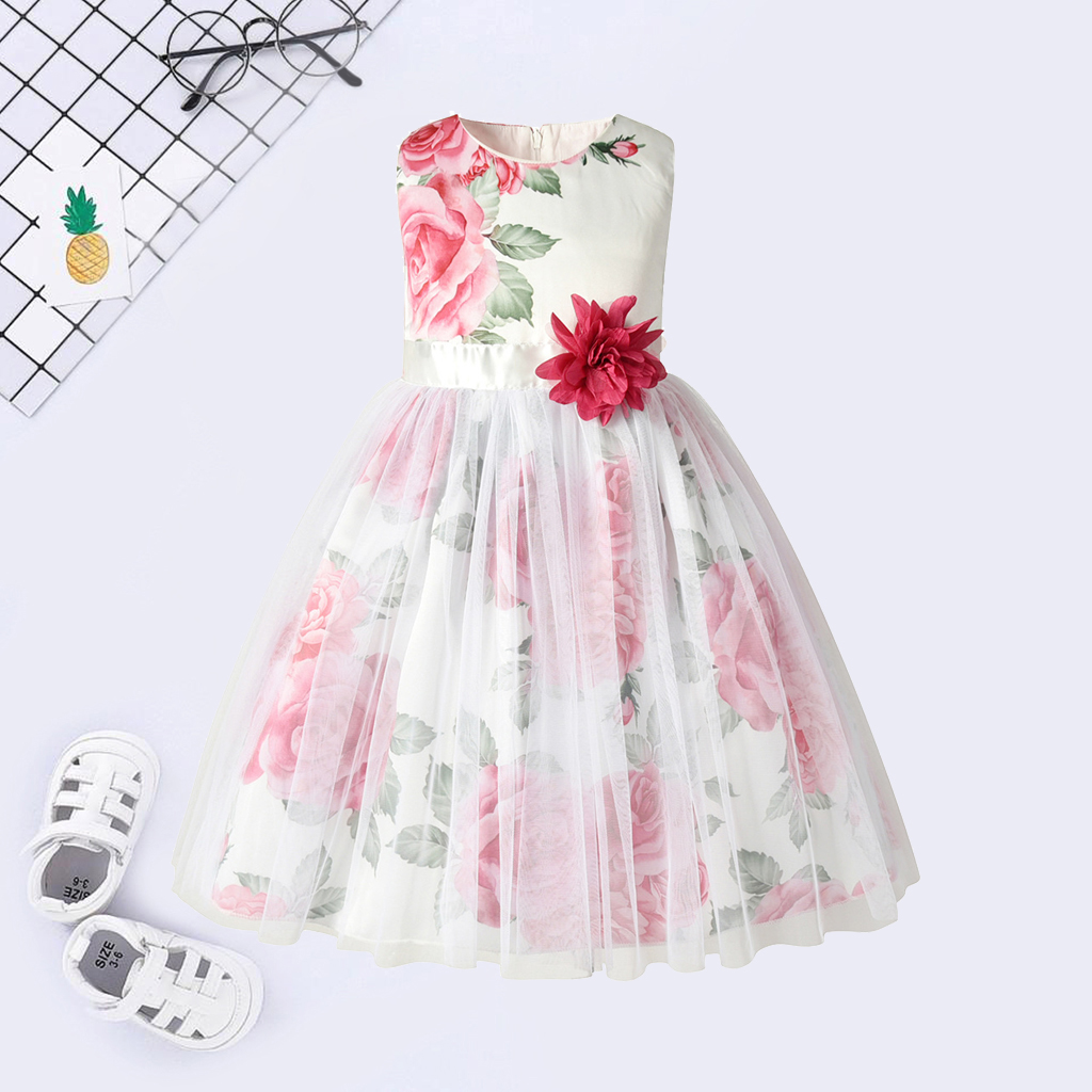 

Baby / Toddler Rose Print Tulle 3D Flower Decor Party Dress