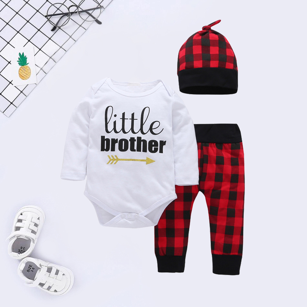 

3-piece Baby Boy LITTLE BROTHER Print Bodysuit and Plaid Pants with Hat Set