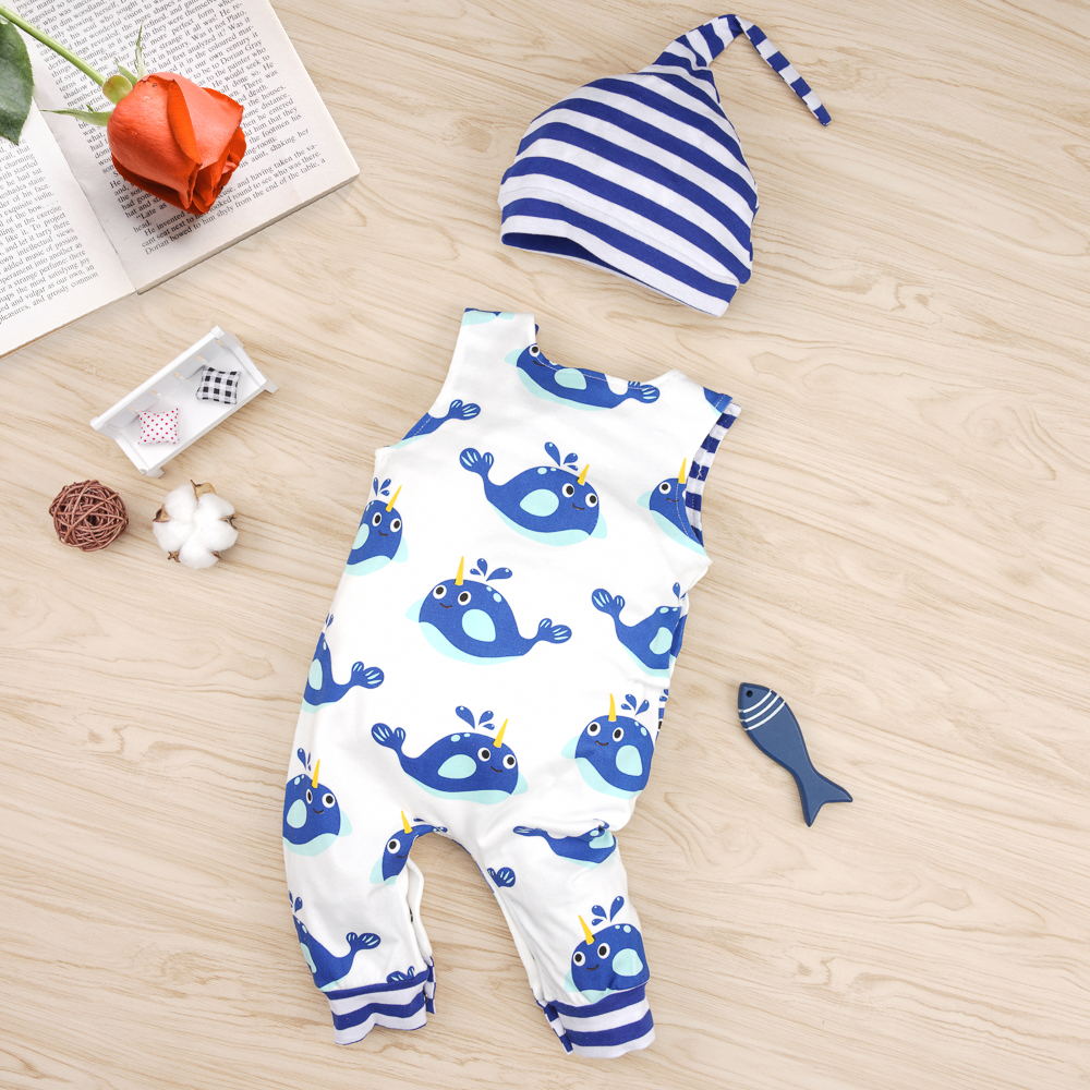 

Baby / Toddler Linning Striped Narwhale Print Jumpsuit and Striped Hat