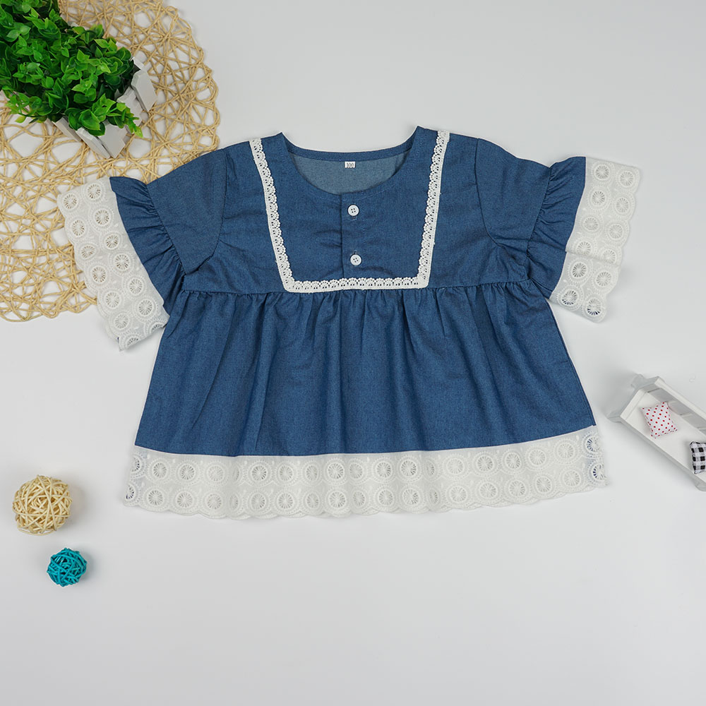 

Baby / Toddler Girl Summer Lace Ruffled Blue Denim Short-sleeve Dress