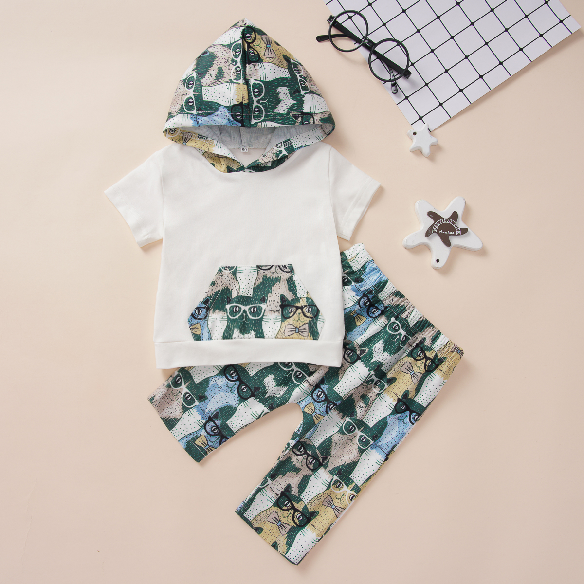 

Baby Cute Cat Print Hooded Top and Pants Set