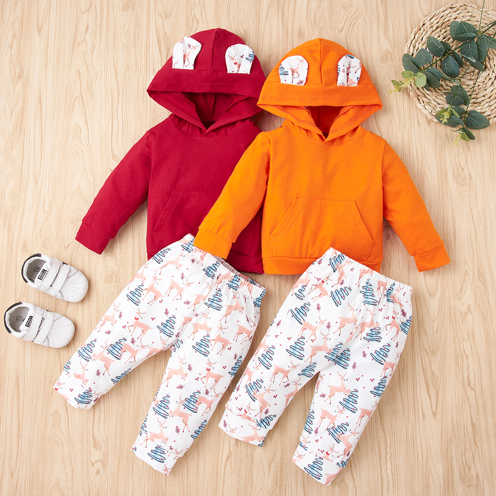 

2-piece Baby / Toddler Christmas Deer Print Long-sleeve Hooded Pullover and Pants Set