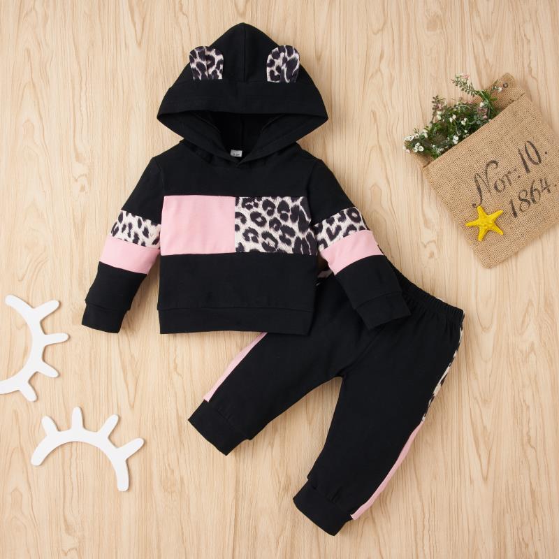 

2pcs Leopard Print Hooded Long-sleeve Baby Set