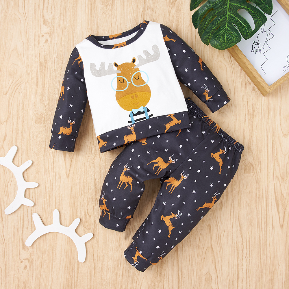 

2pcs Baby Boy casual Animal & Elk Baby's Sets Long Sleeve Infant Clothing Outfits Cute