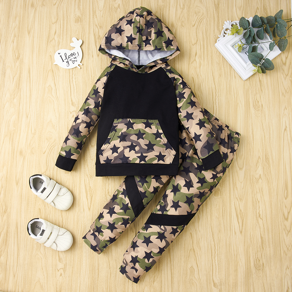 

2-piece Baby / Toddler Camouflage Pentagram Long-sleeve Hooded Pullover and Pants Set