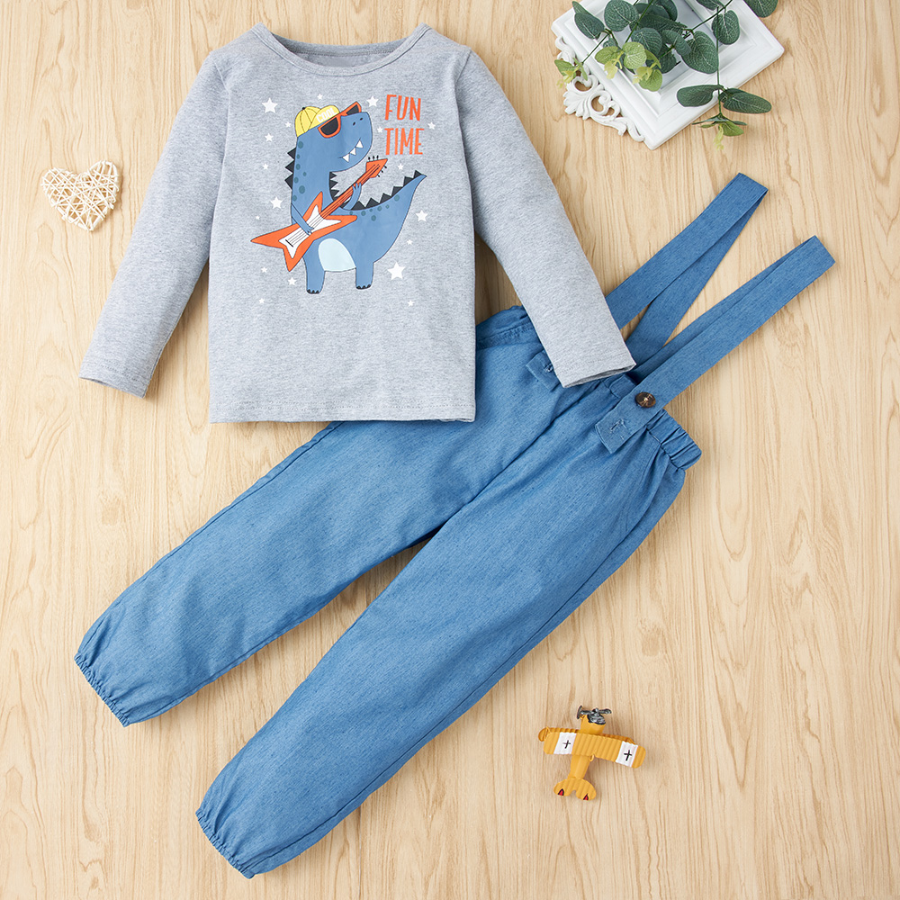 

2-piece Baby / Toddler Dinosaur Long-sleeve Tee and Solid Strap Pants Set