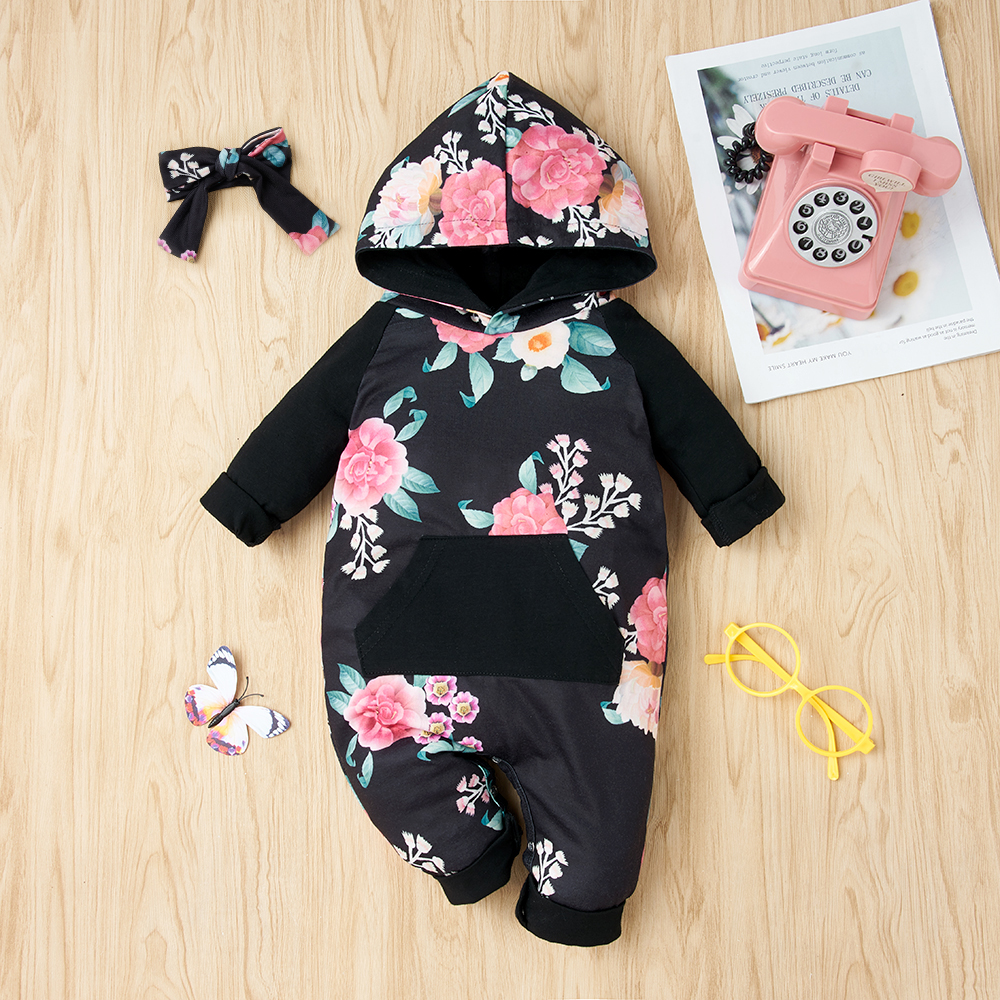 

2-piece Baby Floral Hooded Jumpsuit and Headband
