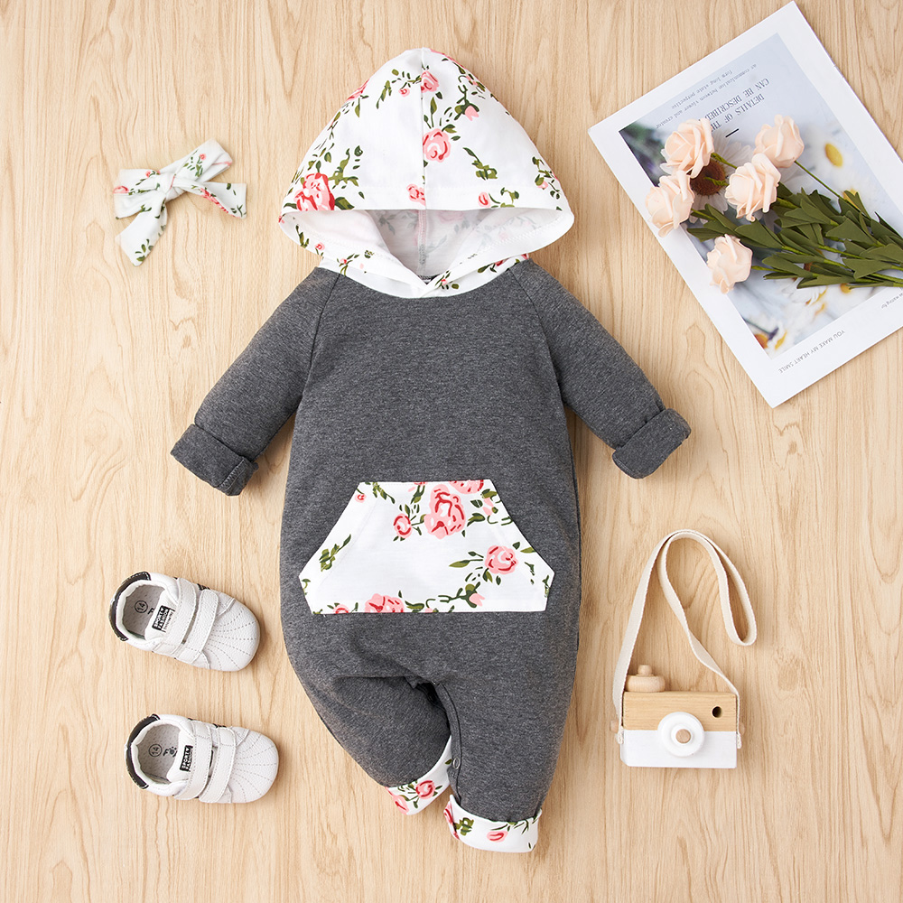 

2pcs Floral Print Splice Hooded Long-sleeve Grey Baby Set
