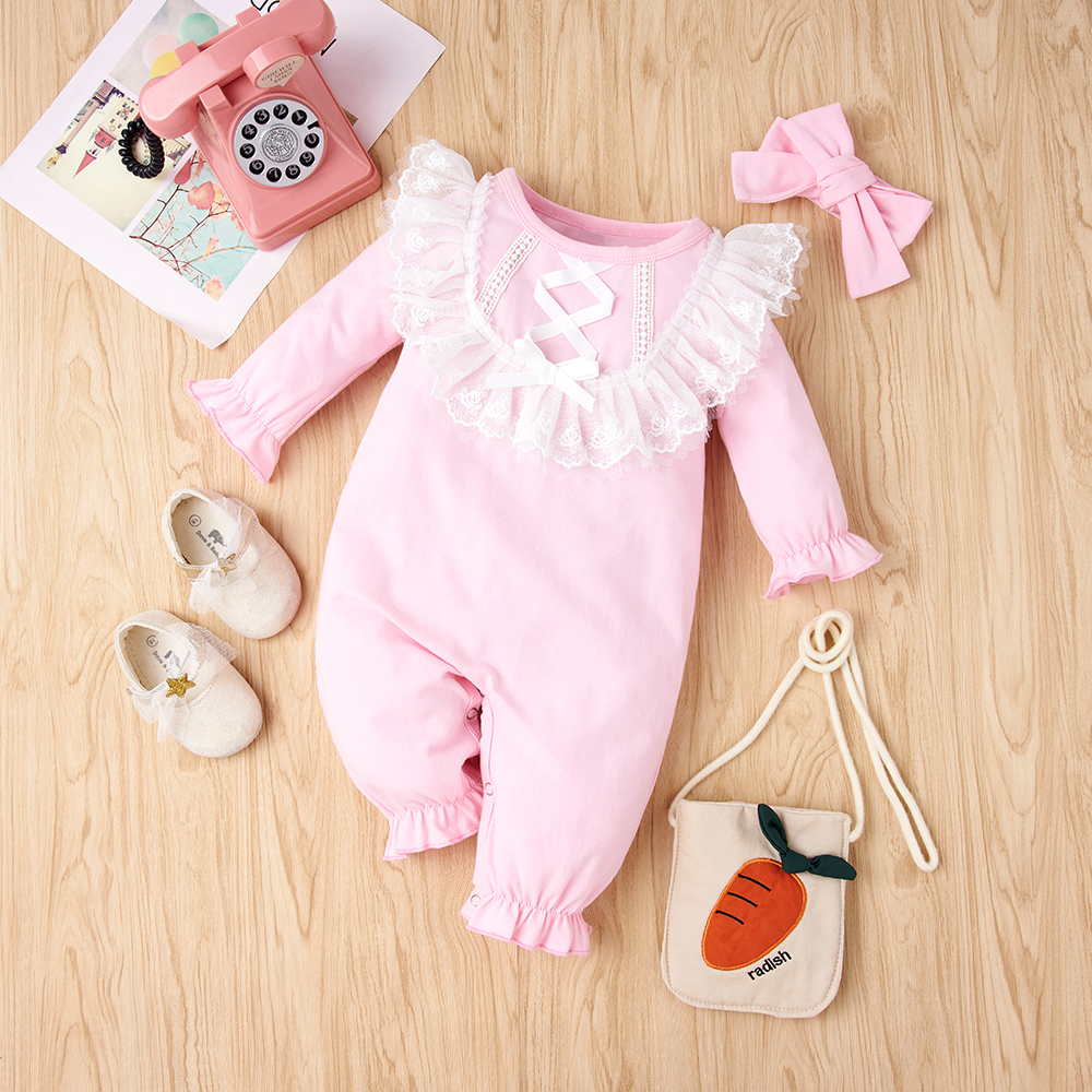 

2-piece Baby Lace Bowknot Jumpsuit and Headband Set