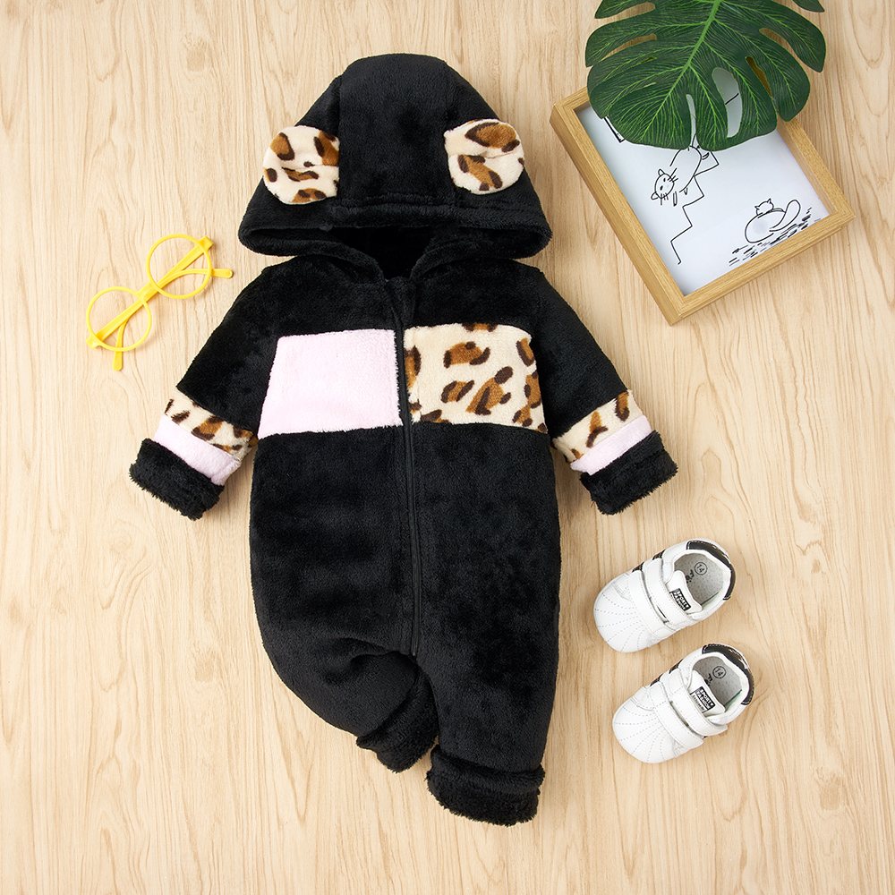 

Baby Leopard Fleece Hooded Jumpsuit
