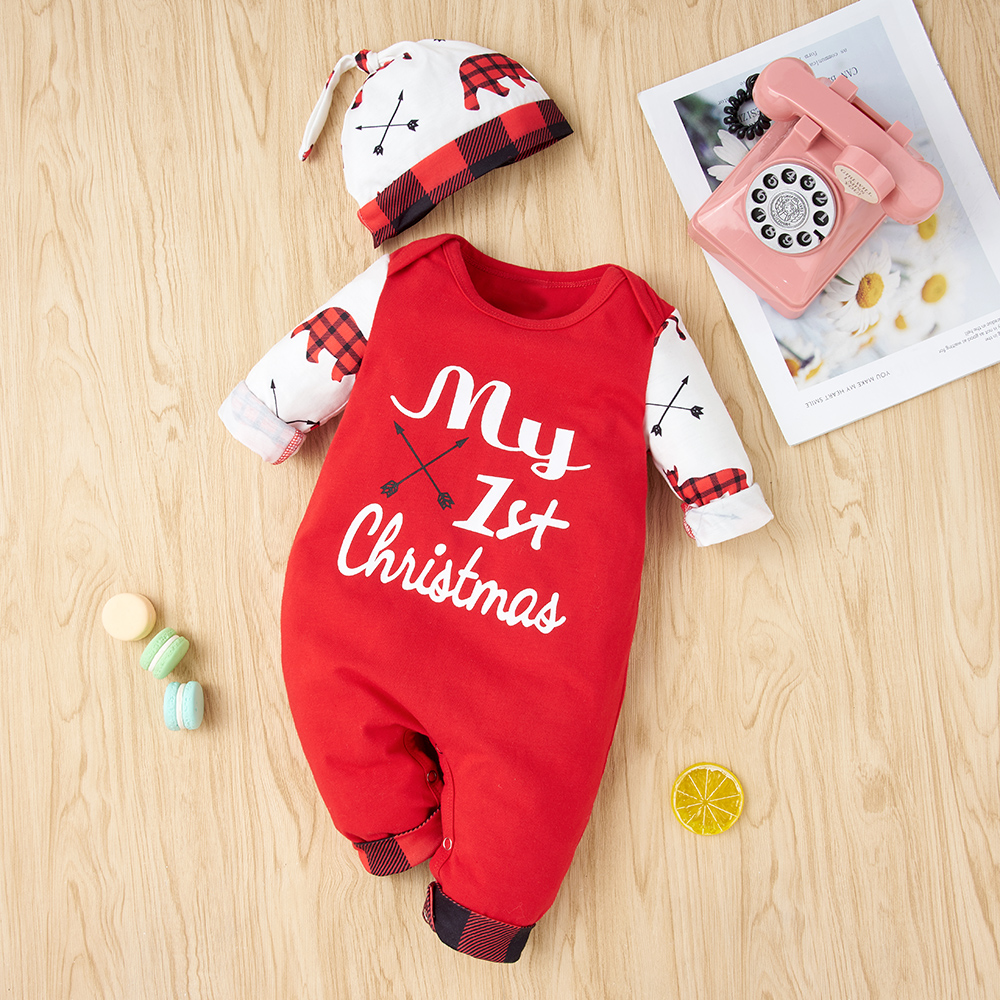 

2-piece Baby Christmas Letter Jumpsuit with Hat