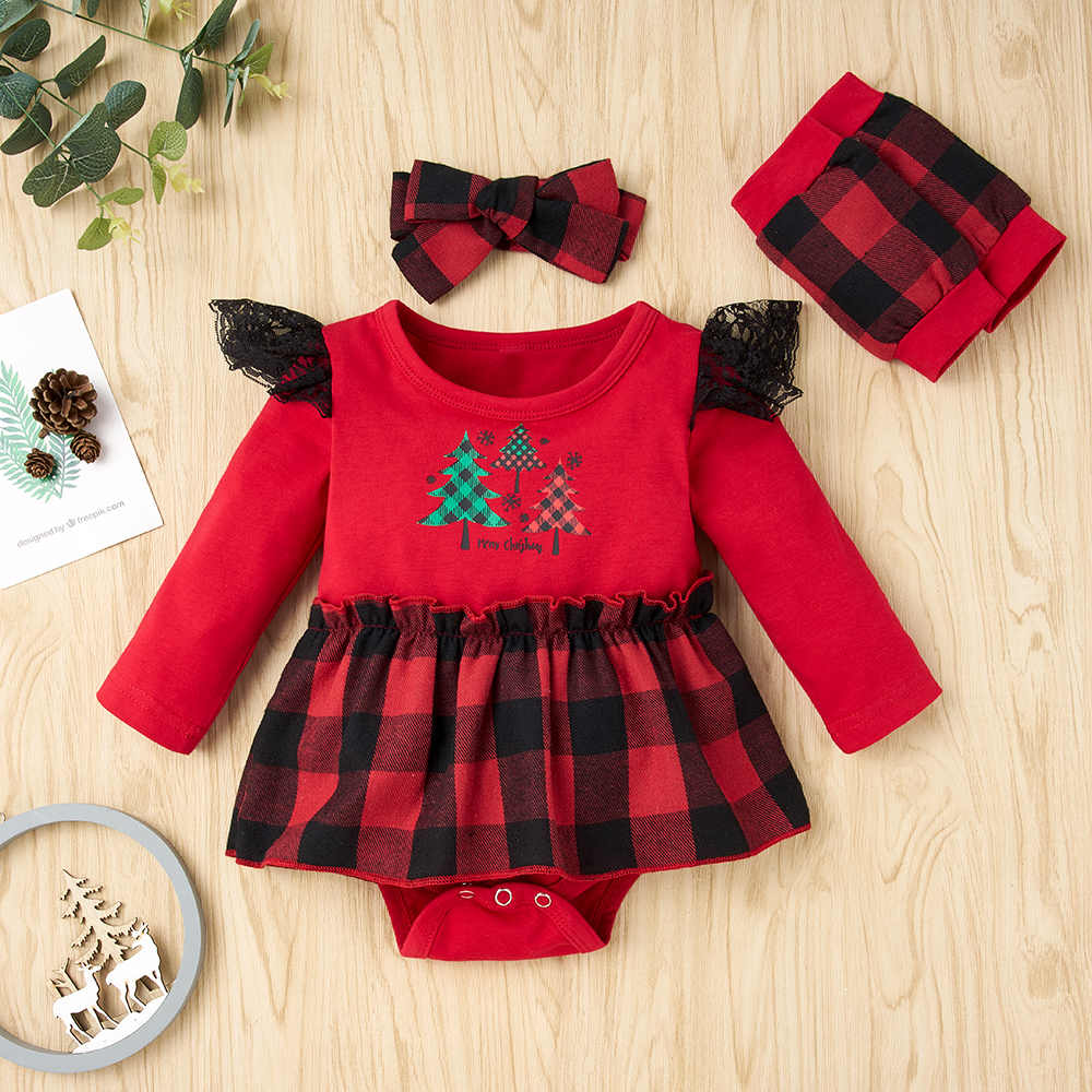 

3-piece Baby Christmas Plaid Lace Romper, Headband and Kneepads Set