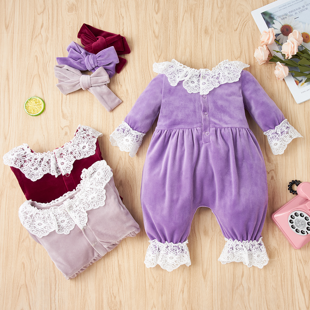 

2pcs Solid Lace Decor Long-sleeve Baby Set