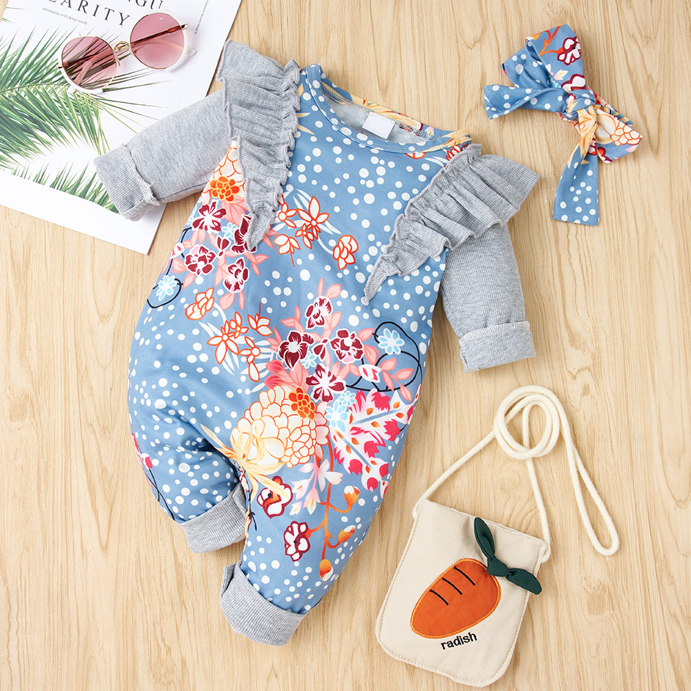 

2-piece Baby Floral Ruffled Jumpsuit and Headband Set