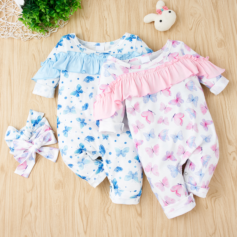 

2-piece Baby Butterfly Ruffled Jumpsuit and Headband Set