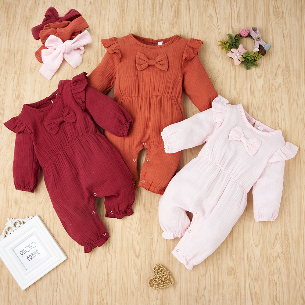 

2-piece Baby Solid Bowknot Ruffled Jumpsuit and Headband Set