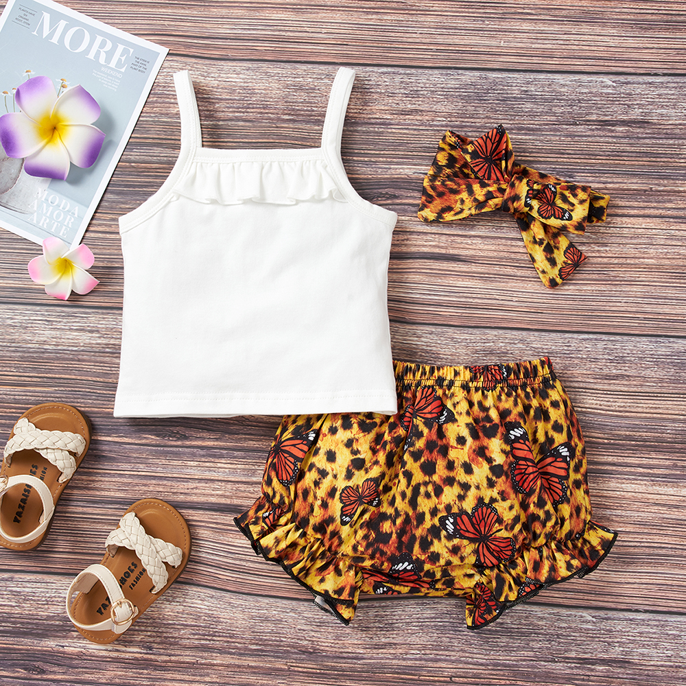 

3pcs Baby Girl Sweet Leopard Solid Sling Cotton Top Bowknot Baby's Sets