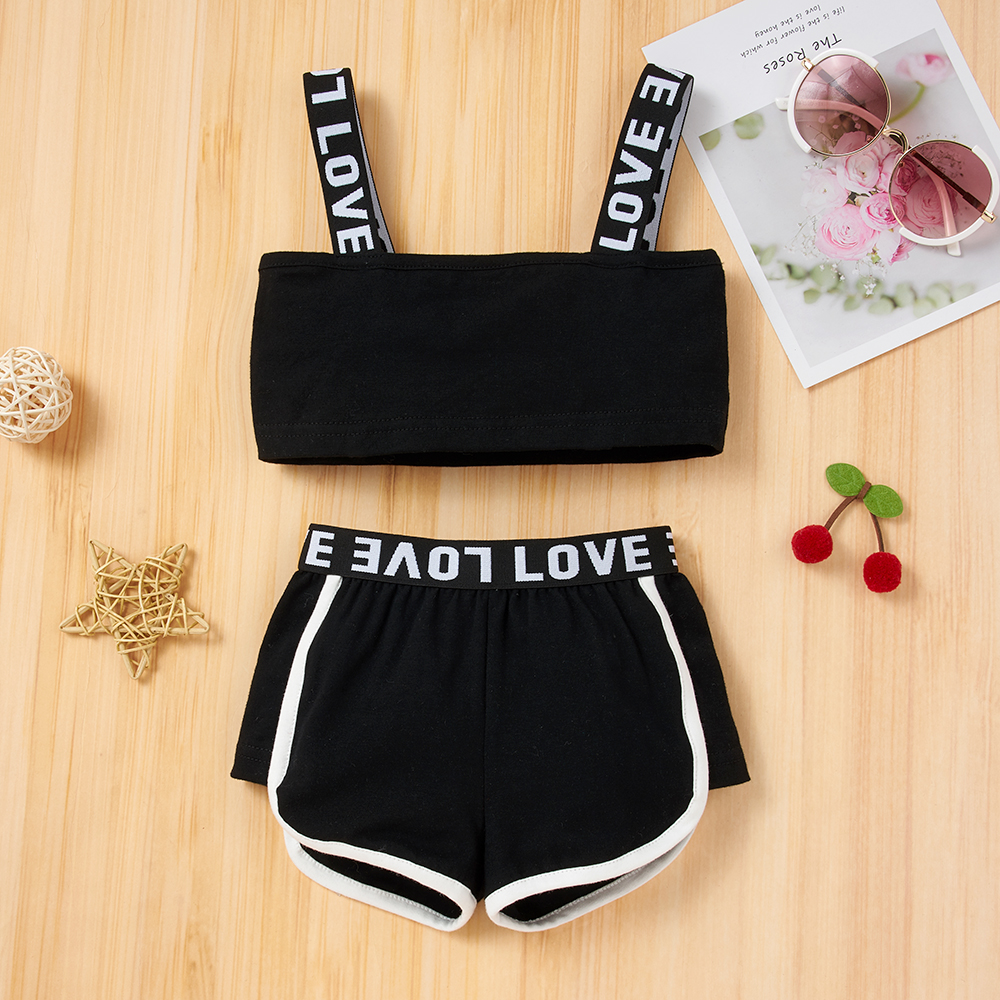 

2pcs Baby Girl casual Letter Baby's Sets Sling Cotton Solid Baby Clothes