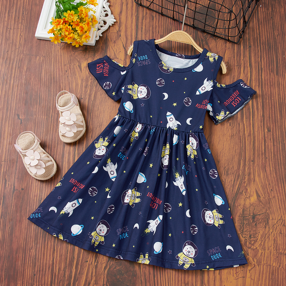 

1pc Toddler Girl Dress Short-sleeve Space Print Fashion Outfits