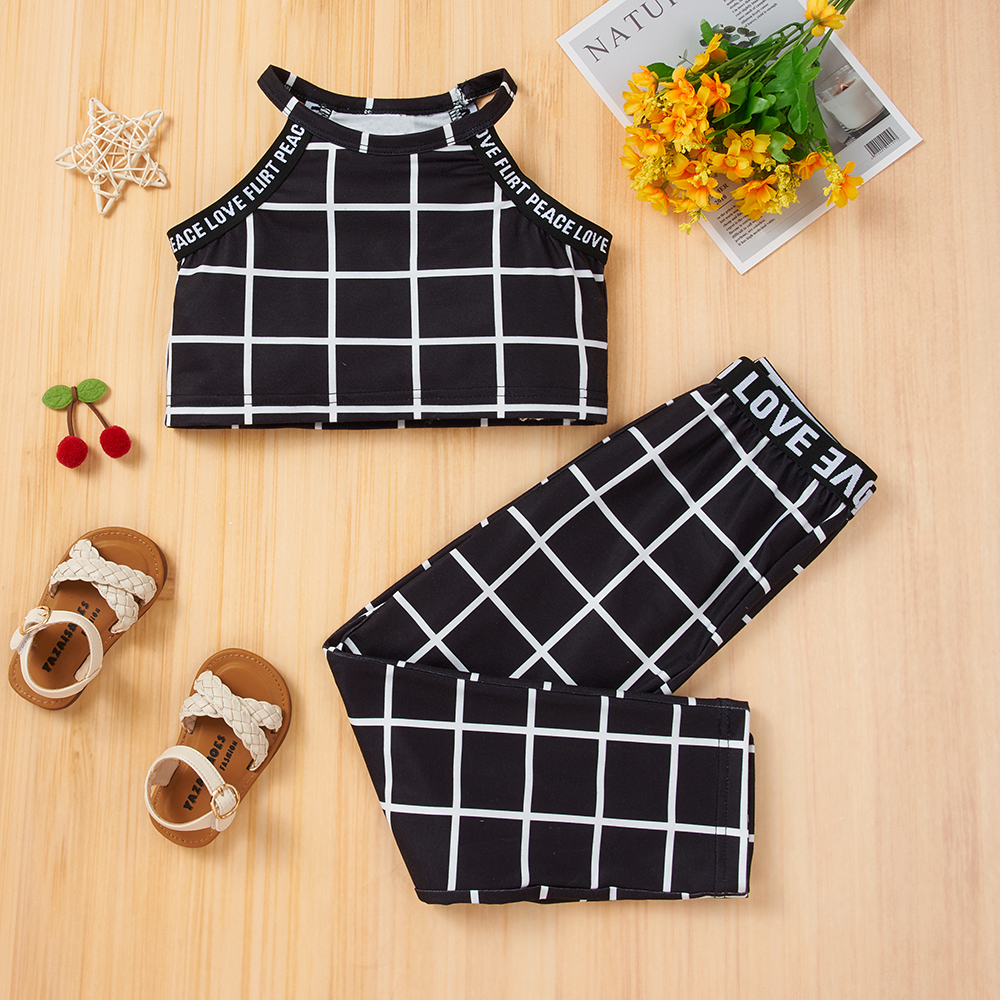 

2pcs Toddler Girl Sleeveless Pants suit Plaid Street style Toddler's Sets