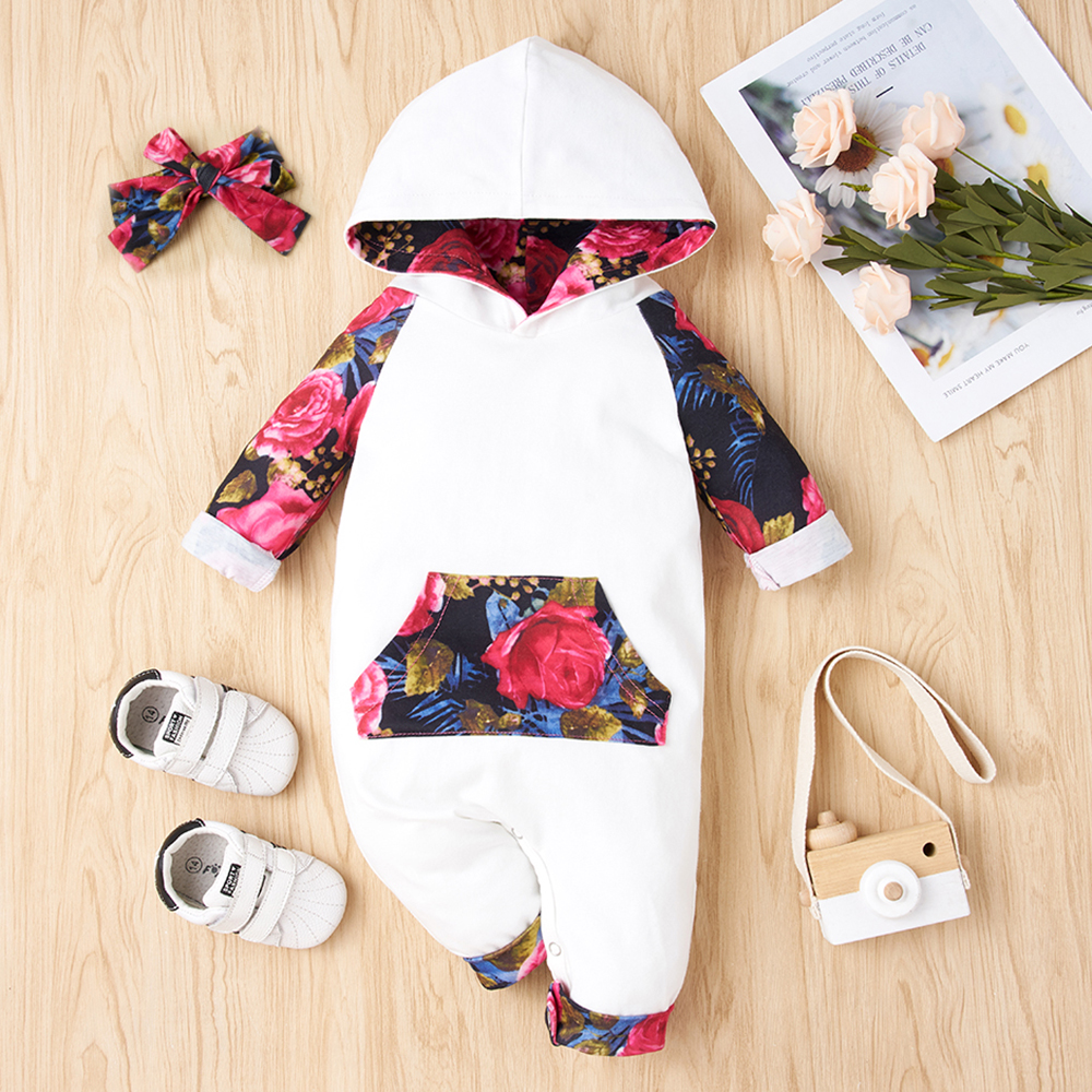 

2-piece Baby Floral Hooded Jumpsuit with Headband Set