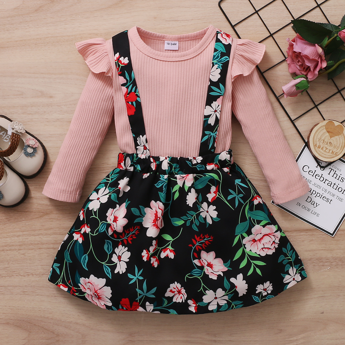 

2-piece Baby / Toddler Girl Ruffled Top and Floral Strap Skirt Set