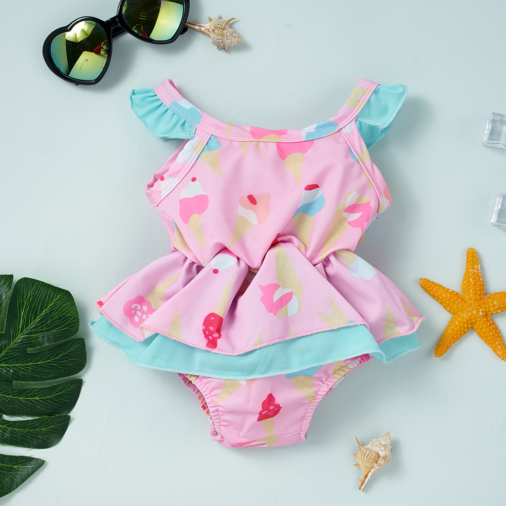 

Icecream Allover Color Block Sleeveless Pink Baby Swimsuit