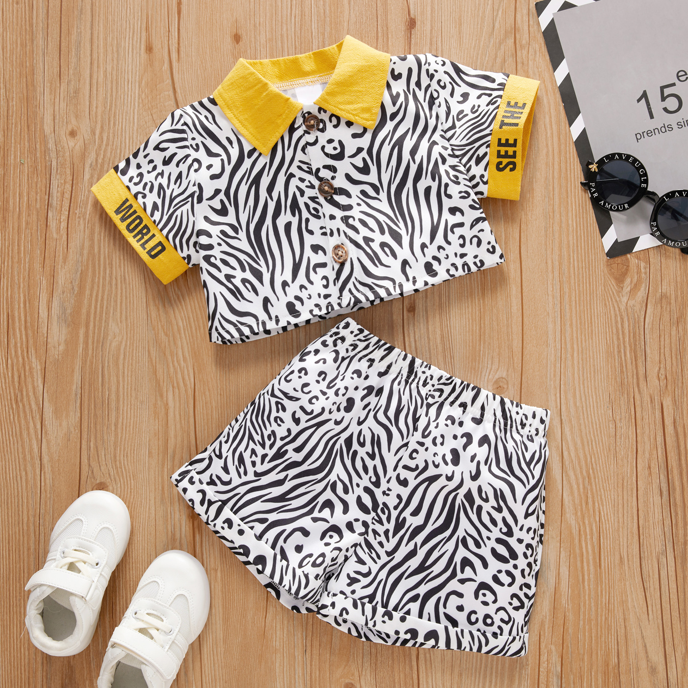 

2-piece Toddler Girl Trendy Leopard Zebra Shirt and Shorts Set