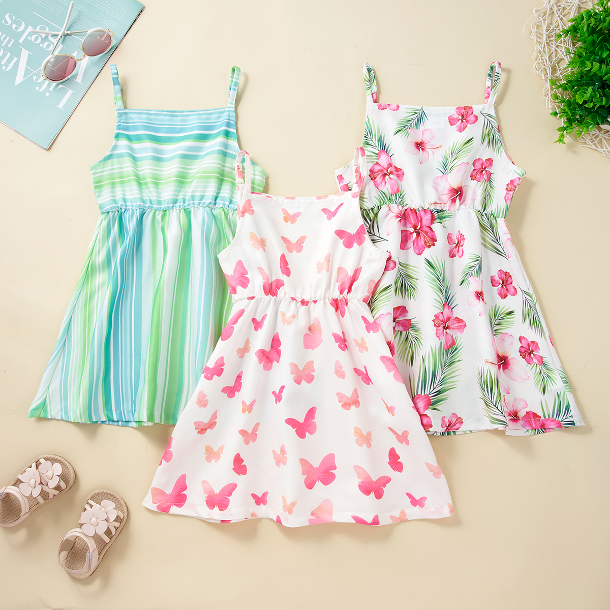 

Toddler Girl Floral Butterfly Striped Print Suspender Dress