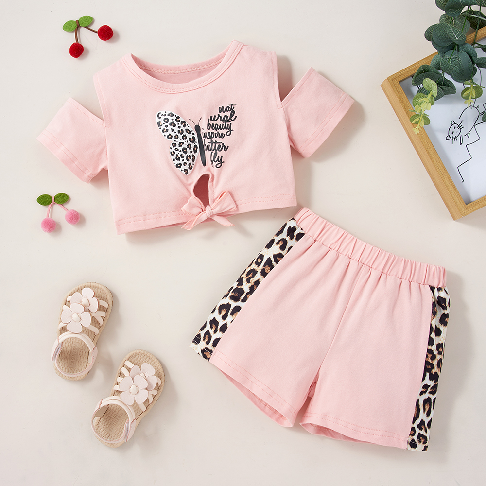

2-piece Toddler Girl Butterfly Print Top and Leopard Shorts Set