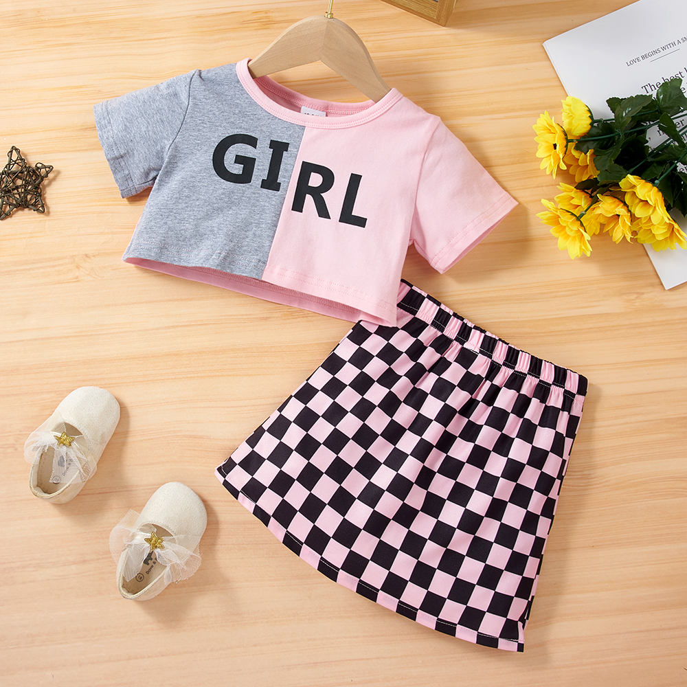 

2-piece Toddler Girl Letter Print Splice Short-sleeve T-shirt and Plaid Skirt Set