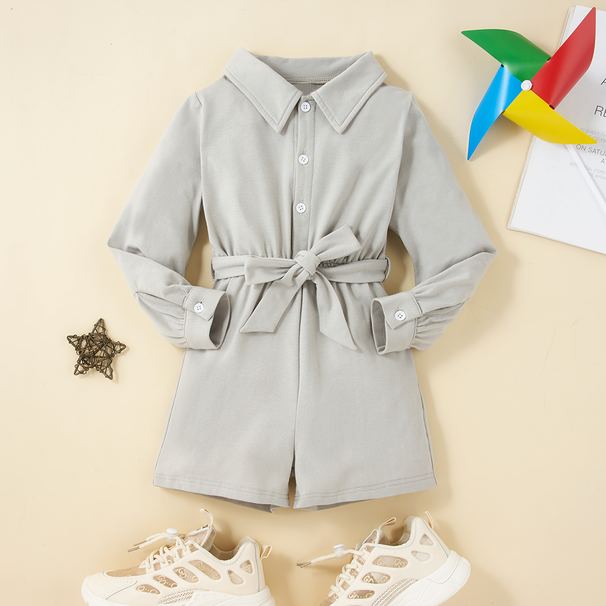 

Toddler Girl Lapel Collar Button Design Long-sleeve Solid Jumpsuit Shorts Romper with Belt