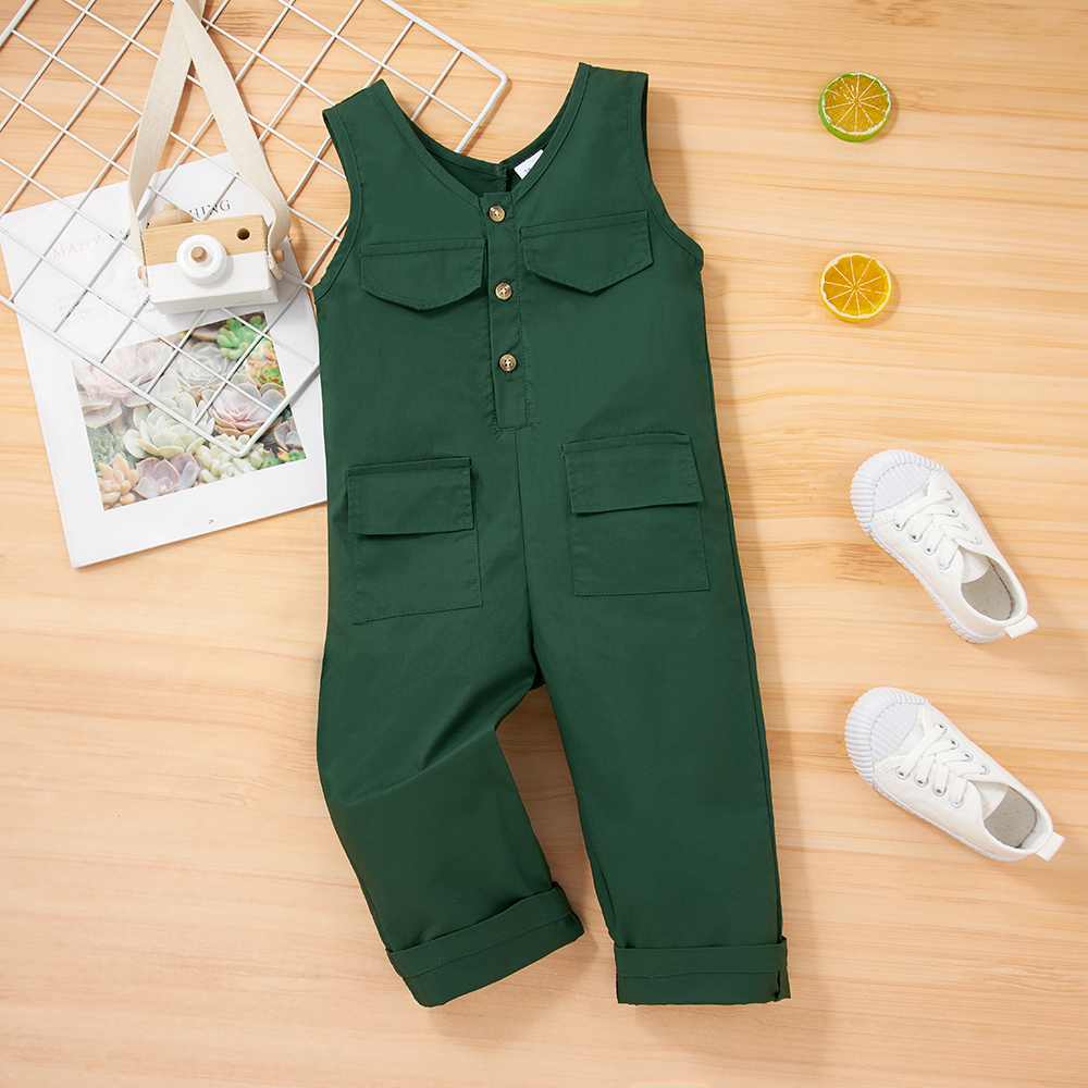 

Toddler Boy Button Design Sleeveless Solid Green Overalls Jumpsuit with Pocket