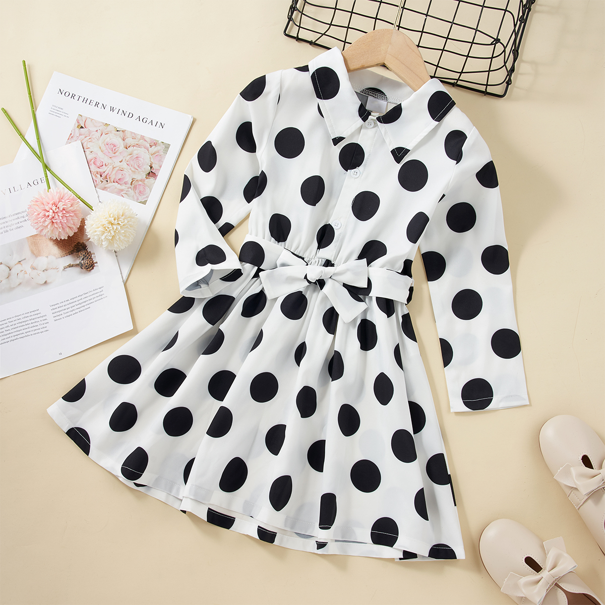 

Toddler Girl Polka dots Lapel Collar Button Design Long-sleeve Dress with Belt