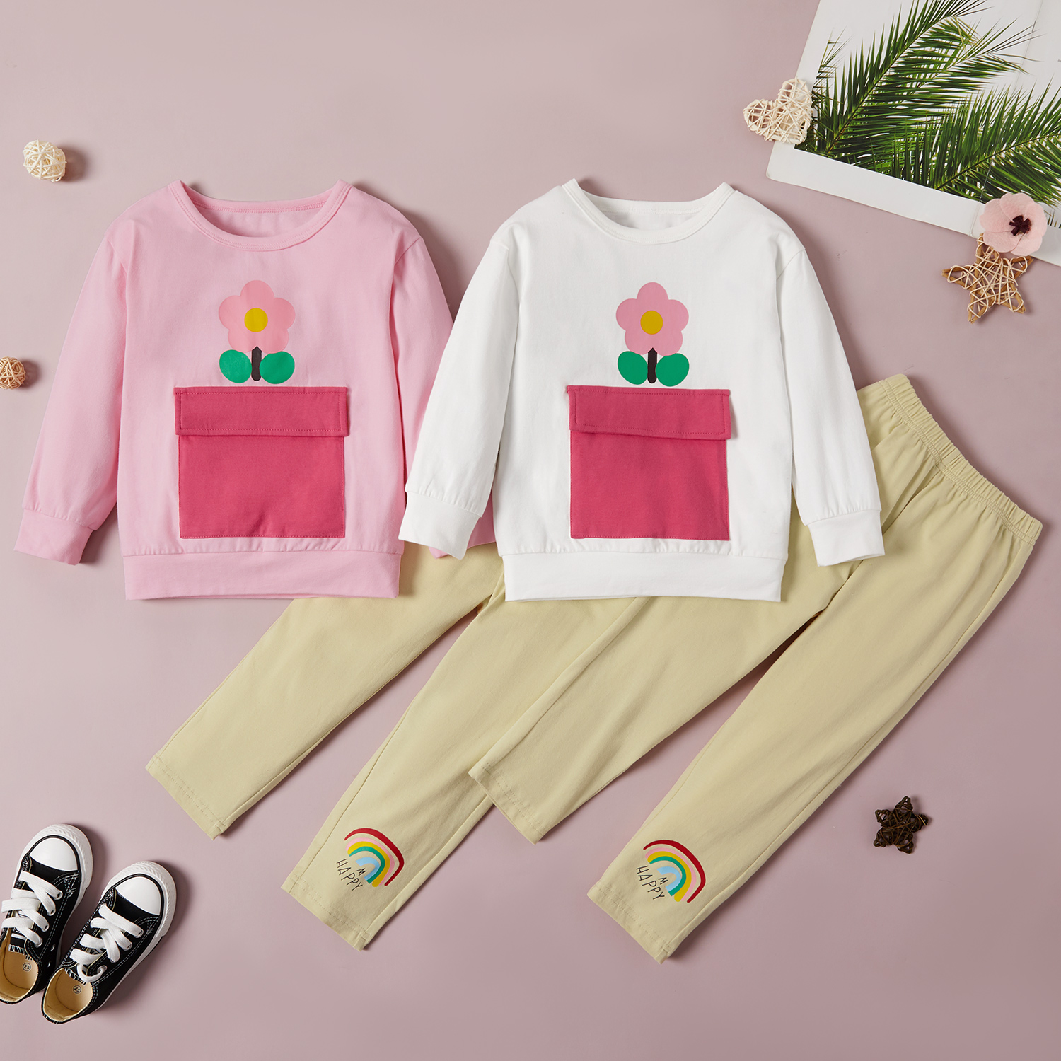 

2-piece Toddler Girl Floral Print Pocket Design Pullover and Rainbow Print Pants Set