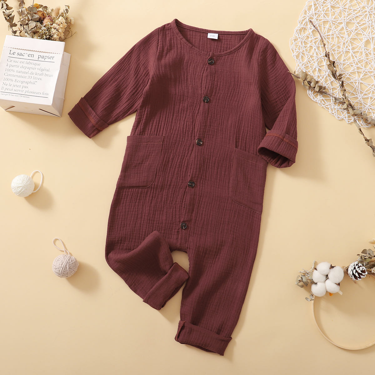 

Toddler Boy Button Design Long-sleeve Solid Jumpsuit with Pocket