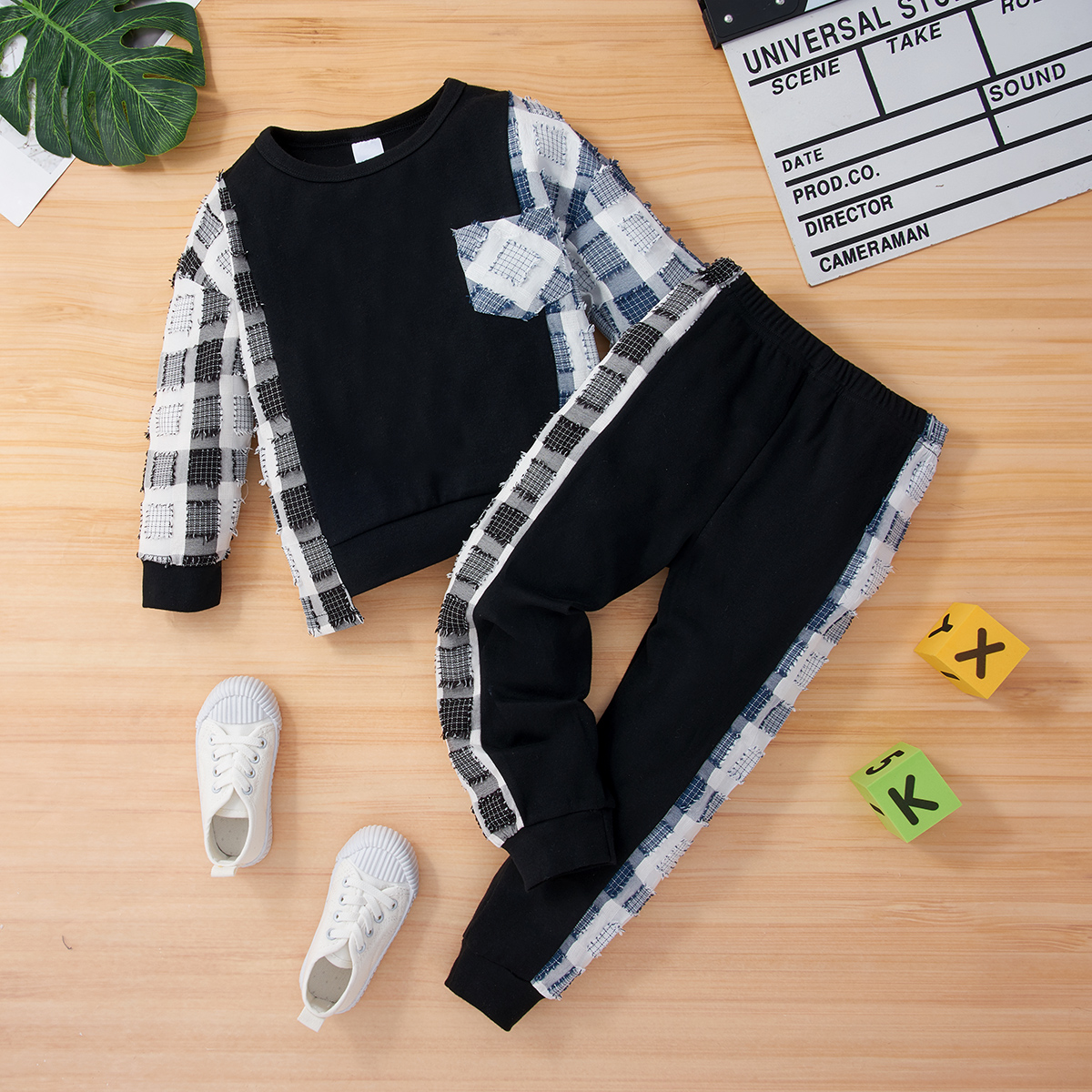 

2-piece Toddler Boy Plaid Colorblock Long-sleeve Top and Elasticized Pants Casual Set