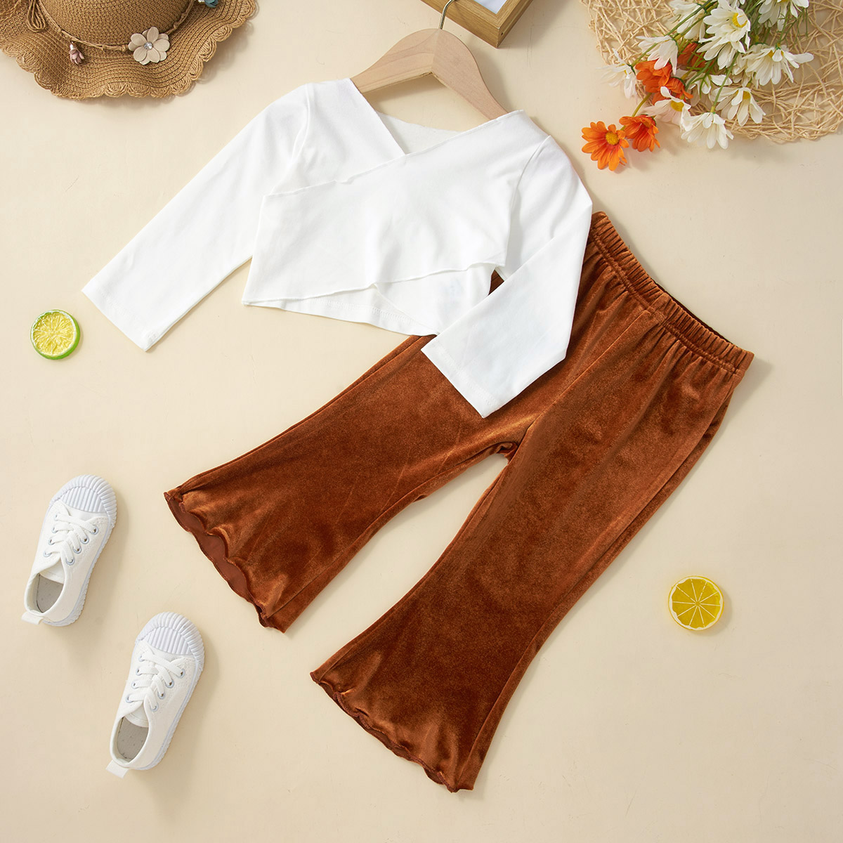 

2-piece Toddler Girl V Neck Long-sleeve White Warp Top and Flared Pants Set