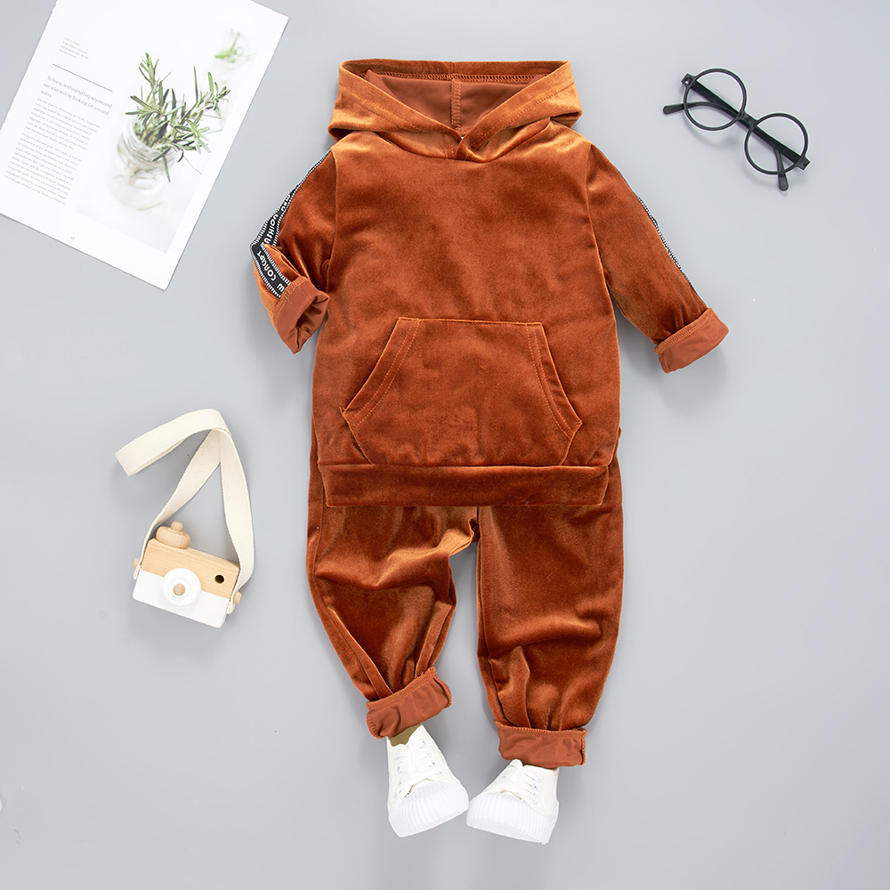 

2-piece Toddler Boy Letter Print Solid Hoodie and Elasticized Pants with Pocket Velvet Set
