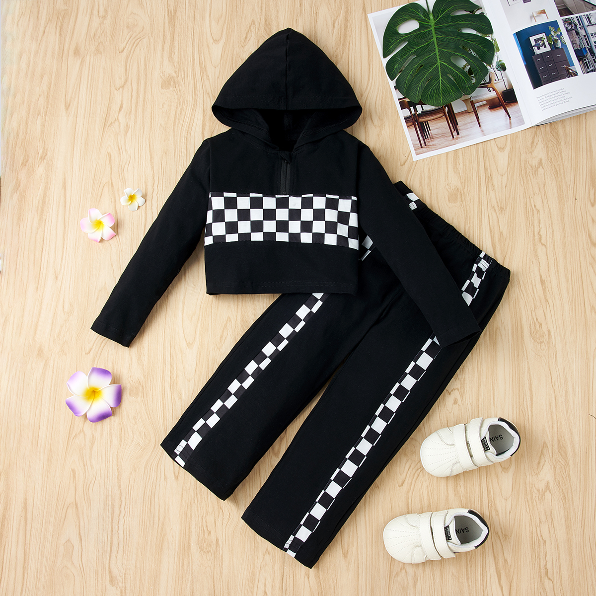 

2-piece Toddler Girl Plaid Colorblock Zipper Hoodie and Pants Set