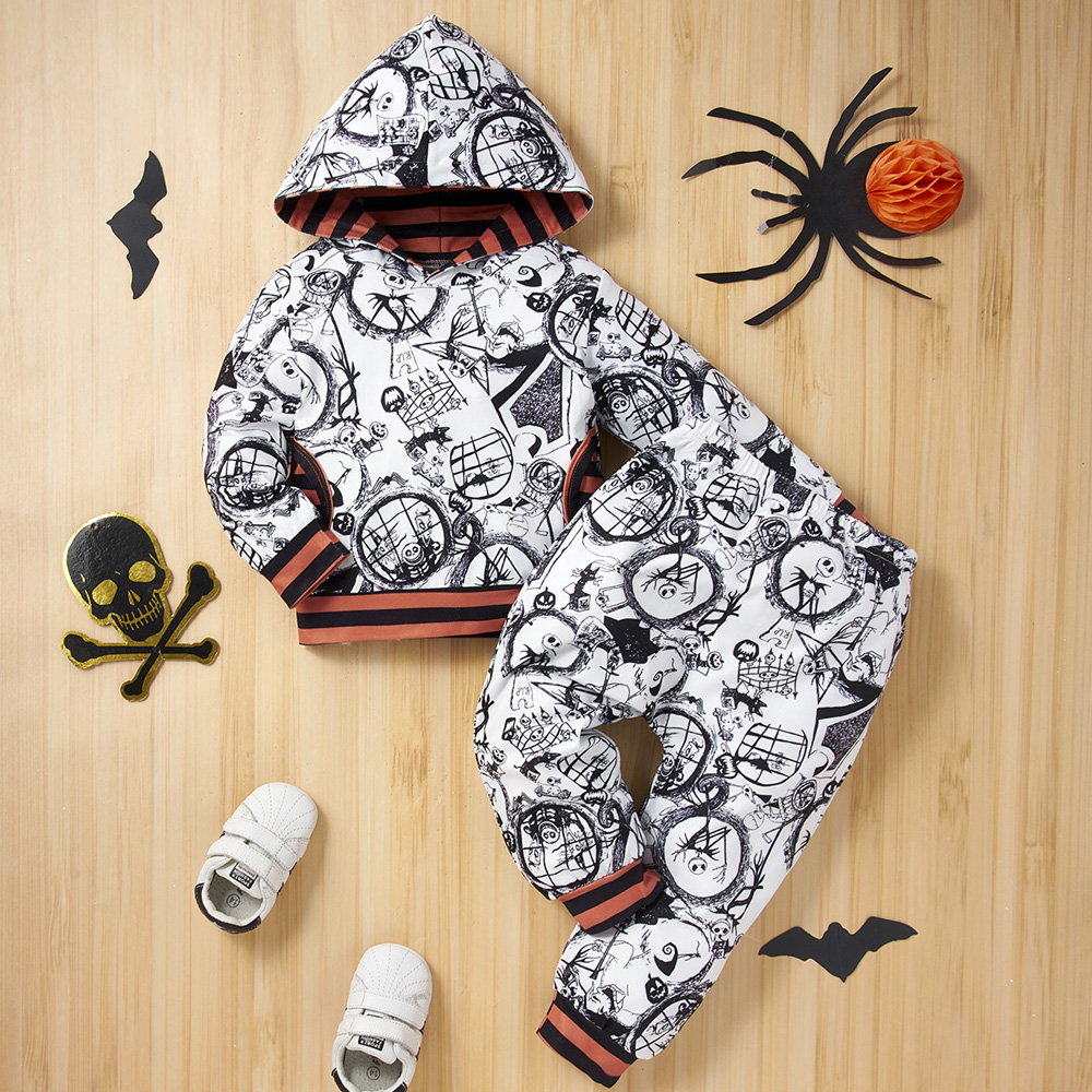 

Halloween 2pcs Baby Boy All Over Print White Long-sleeve Hoodie and Trousers Sets