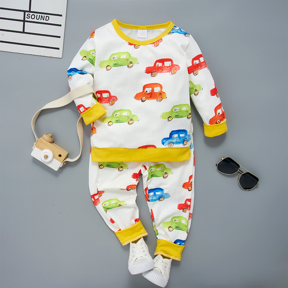 

2-piece Toddler Boy/Girl Car Print Ribbed Long-sleeve Tee and Elasticized Pants Set